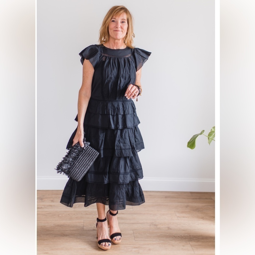 NWT BANANA REPUBLIC TALL LONG BLACK SELENE EMBROIDERED MIDI TIERED ROMANTIC LACE